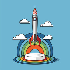 Retro rocket launching from a vibrant rainbow platform. Concept for business startup, innovation, and success in a flat design style.
