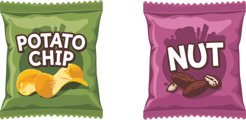 Potato chip and nut snack bags set, food packaging design, crisp packet, vending machine vector