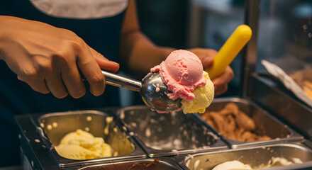 Close-up of hands scooping two colorful ice cream flavors from a display case, preparing a sweet dessert.