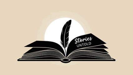 Stories Untold Open Book Illustration – Feather Pen Literary Art Design
