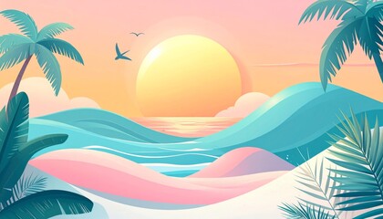 Fototapeta premium Colorful vector design illustration of a summer tropical beach background with blue waves, palm trees, orange sun, and yellow light pattern