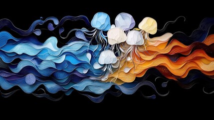 An abstract illustration featuring jellyfish swimming through colorful waves against a black background. The artwork has a vibrant, artistic style.
