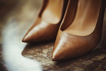 Two classic brown leather high heel shoes are standing still on a shiny dark surface.