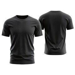 Black t shirt front and back view, isolated on white background. Ready for your mock up design template.