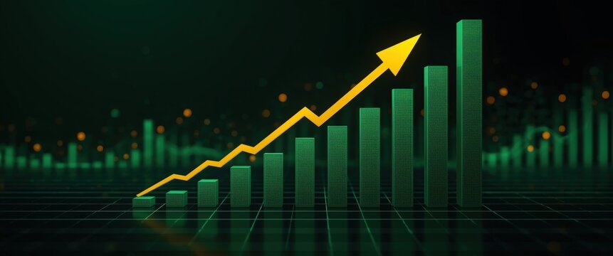 Visually striking green bar graph with a golden arrow highlights upward trends and business growth, ideal for financial reports and presentations with a modern aesthetic.