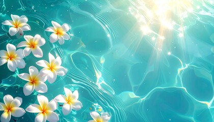 Naklejka premium Abstract spring floral background illustration with blue sky, sun, butterfly, and frangipani blossoms in bright color