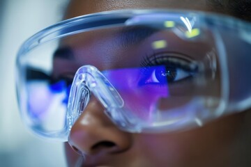 Close up of an eye looking through protective safety goggles with reflections.