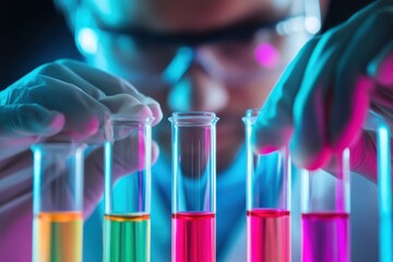 A person carefully handles colorful liquids in test tubes under blue and pink lights during a science experiment.