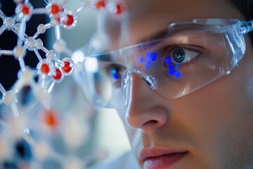 A person looks at a molecular structure model while wearing safety glasses.