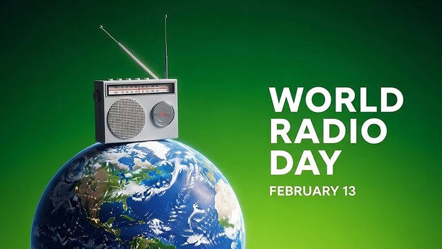 World radio day celebration with vintage radio on planet earth