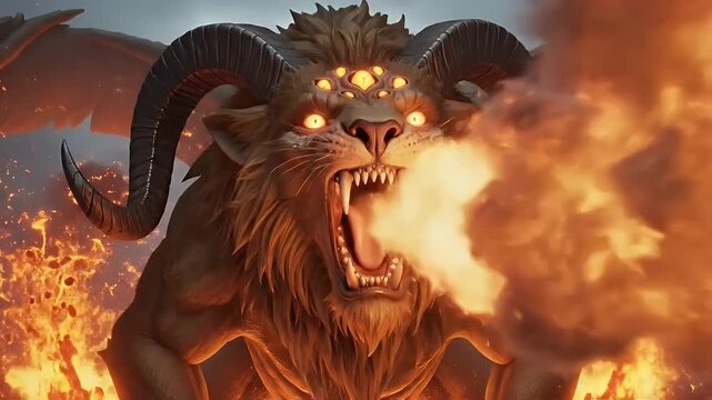 Epic illustration of a mythical horned beast with multiple glowing eyes growling