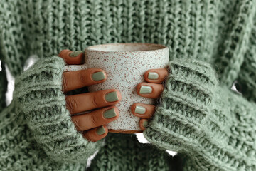 Cozy Knit Embrace Hands Warming Speckled Mug in Sage Sweater Serene Comfort Autumn Vibes Self Care