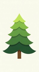 A simple, stylized evergreen tree in shades of green, with a brown trunk, against a cream-colored backdrop