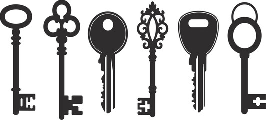 Antique and modern key silhouettes set, ornate, ornate skeleton, house, and car key graphic vector