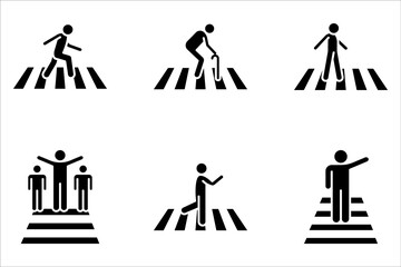 Crosswalk icon set. Pedestrian crossing sign. Zebra crossing simple on white background