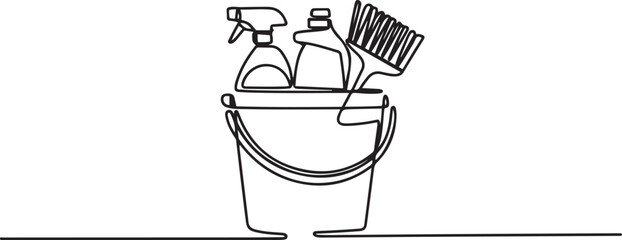 Bucket with cleaning supplies in one continuous line drawing. Cleanup and washing concept in simple linear style. Household and housekeeping symbol in editable stroke. one line Icon drawing