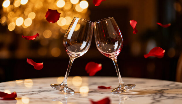 Glasses of champagne on christmas background, A cinematic close-up of two elegant wine glasses touching gently on a marble table - Powered by Adobe