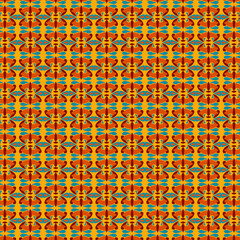 Ethnic-style pattern of small multicolored mosaic shapes Decorative geometric orange-blue-brown borders on a yellow background Flat design