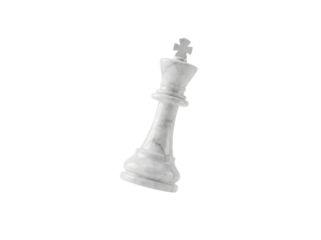 A detailed close-up of a white chess king piece with intricate design and craftsmanship on a transparent background
