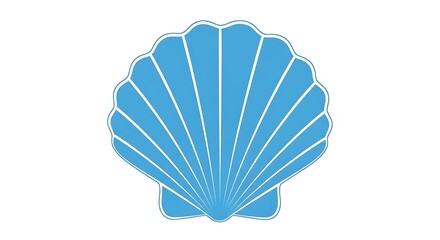 A simplified illustration of a blue scallop shell, featuring radiating lines and a white outline. The shell is centered