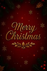 Luxury Gold Merry Christmas Text on Red Background with Pine and Holly Border