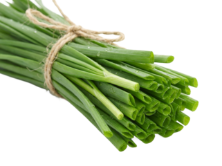 Fresh Bunch of Green Chives Tied with Twine. isolated on transparent background