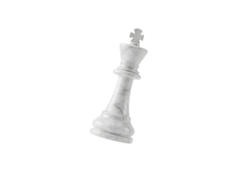 A detailed close-up of a white chess king piece with intricate design and craftsmanship on a transparent background