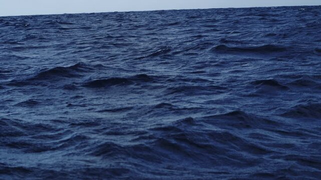 Darker ocean waves rise and fall with more pronounced peaks under dimmer daylight