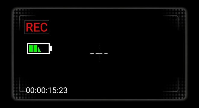 A simulated viewfinder with 'REC' indication, a battery indicator, a crosshair, and a timecode. The background is black
