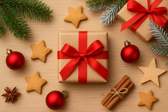Christmas gift box with red ribbon and festive decorations on wooden background
