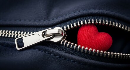 A vibrant red heart peeks out from the opening of a dark zippered fabric symbolizing hidden love or affection