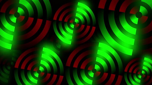 Rotating neon circles form vibrant line work as a target of glowing shapes in dynamic 3D animation illusion pattern on a dark gradient background motion graphics and visual effects colour lime maroon