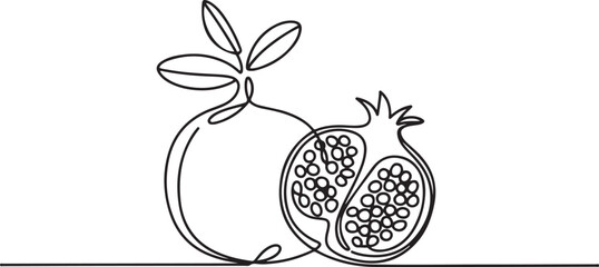 Fototapeta premium Continuous linear drawing of pomegranate. One line drawing garnet. Pomegranate in one line style. Vector illustration. one line Icon drawing