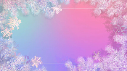 Obraz premium Minimalist Christmas background, soft pastel gradient, delicate snowflakes and pine leaves framing the edges, clean empty center for text, gentle glow, elegant festive mood, high-detail graphic design