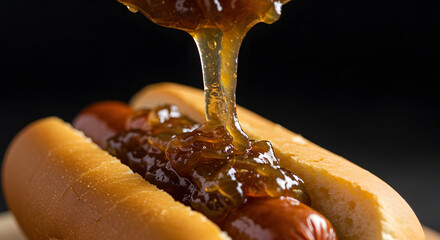 Hot Dog with Caramelized Onion Relish Drizzled On Top