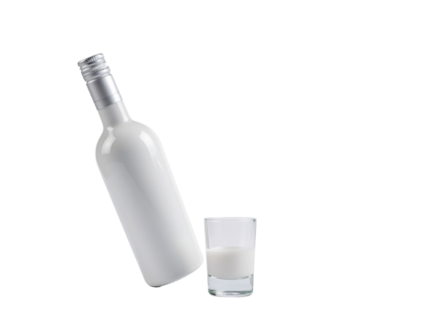 A clear glass of milk placed next to a tilted bottle of milk with a transparent background