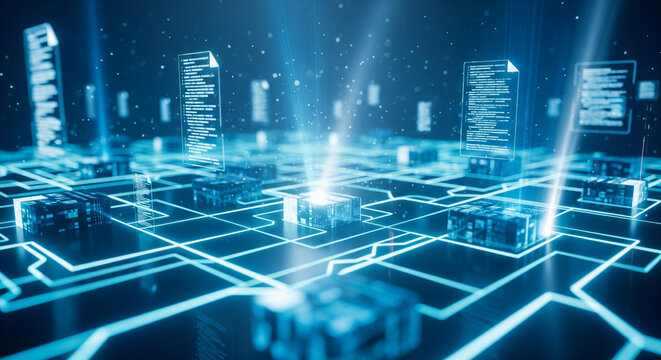 Abstract blue digital circuit board glowing data streams and connections futuristic technology concept