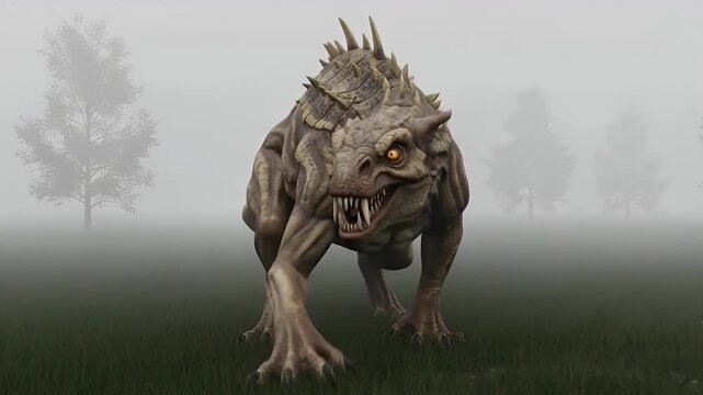 Fearsome spiked reptilian monster stalking through a dense mysterious fog