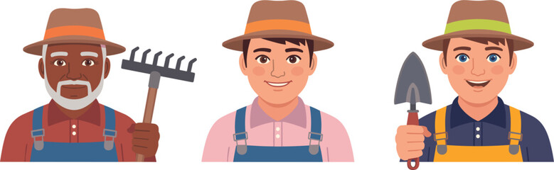 Multicultural farmer characters avatar set, gardening tools, agriculture, food production, and horticulture vector