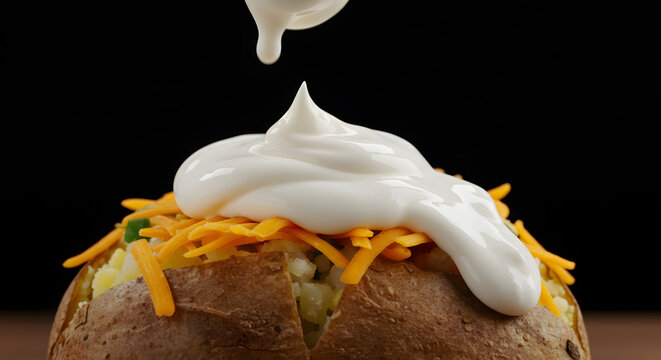 Creamy Sour Cream Poured onto a Hot Loaded Baked Potato with Shredded Cheese and Chives