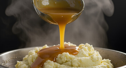 Pouring hot golden gravy over fluffy mashed potatoes with steam