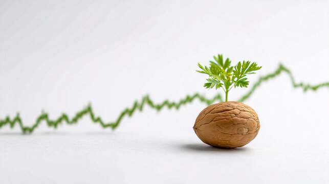 Nutshell with green sprout and chart symbolizing sustainable growth