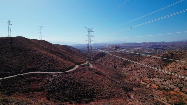High voltagfe electricity towers near the city of Tabernas, Almeria, Spain