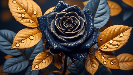 Dramatic Black Rose with Golden Leaves and Water Droplets.