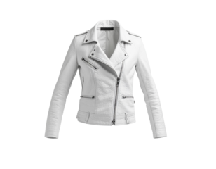 Stylish white leather jacket with zipper details and a classic collar for a modern fashion statement