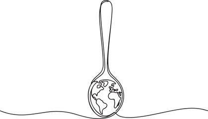 Continuous one line drawing a spoon with a globe on the end. Supporting the formation of a more serious world food agency. Rise awareness. one line Icon drawing