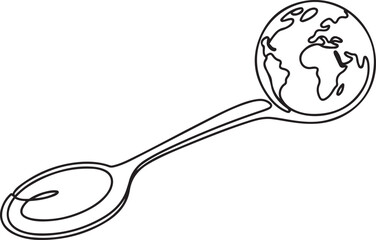 Continuous one line drawing a spoon with a globe on the end. Supporting the formation of a more serious world food agency. Rise awareness. one line Icon drawing