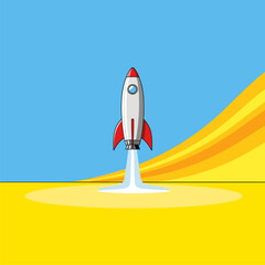 Cartoon rocket launch, symbolizing startup success, innovation, and business growth. Vector illustration.