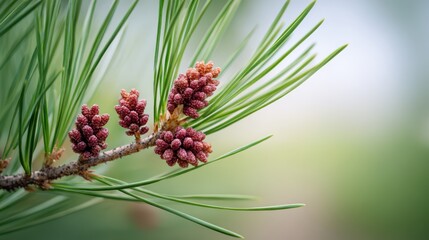 Close-up of pine tree branch with young cones in nature
