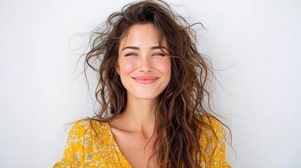 A joyful young woman smiles brightly, showcasing her natural beauty and carefree spirit against a simple background.